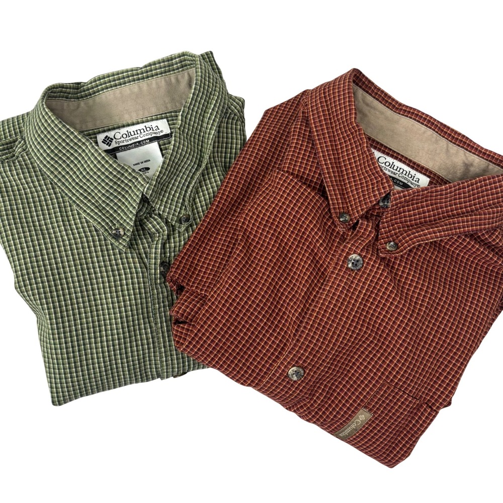 Columbia Men's Micro Check Button Down Shirts 2 Pack Green Orange XL AM7533